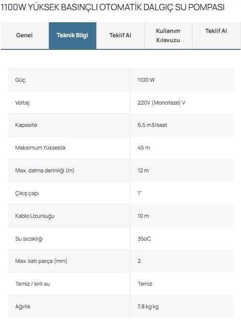 FACTOR 1100W YÜKSEK BASINÇLI OTOMATİK DALGIÇ SU POMPASI
