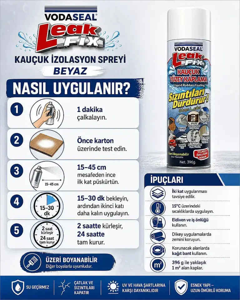 VODASEAL LEAK FİX KAUÇUK İZOLASYON SPREYİ BEYAZ 396gr.