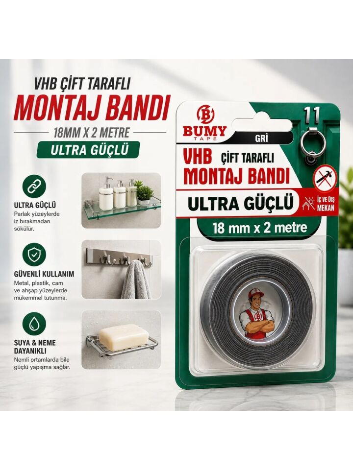 BUMY VHB MONTAJ BANDI 18MM*2MT GRİ