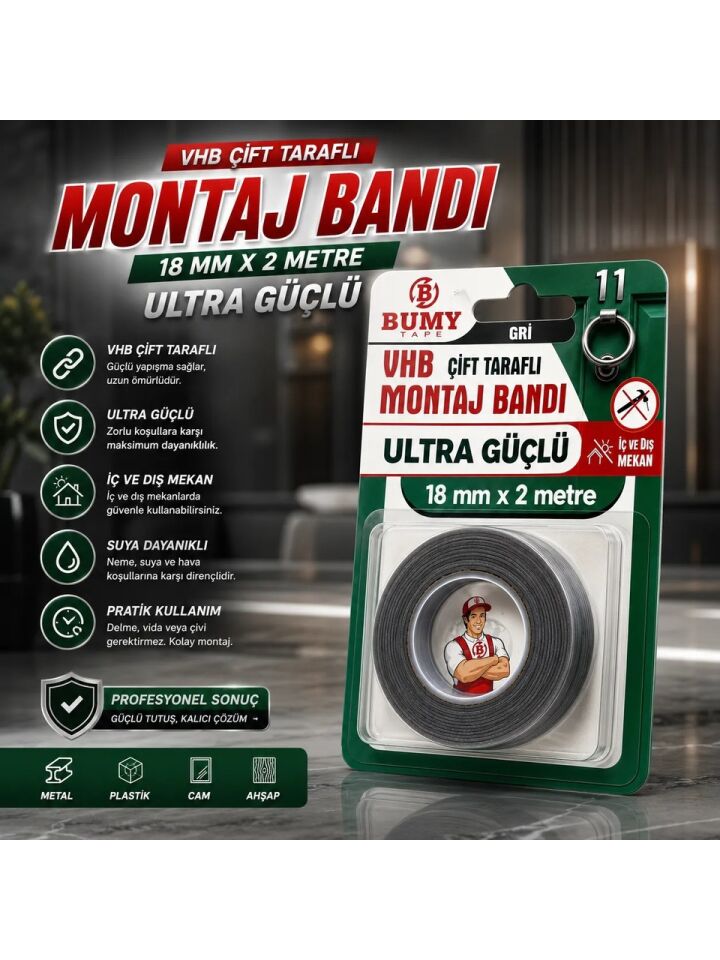 BUMY VHB MONTAJ BANDI 18MM*2MT GRİ