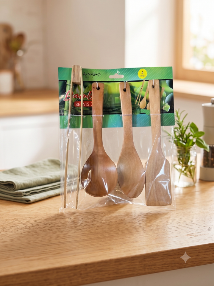 MANGO HOME M-000296 BAMBU KAŞIK SERVİS SETİ LÜKS MAŞALI 4 PARÇA